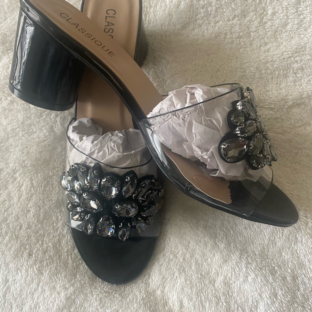 Black and Silver Crystal Embellished Mules with Block Heel